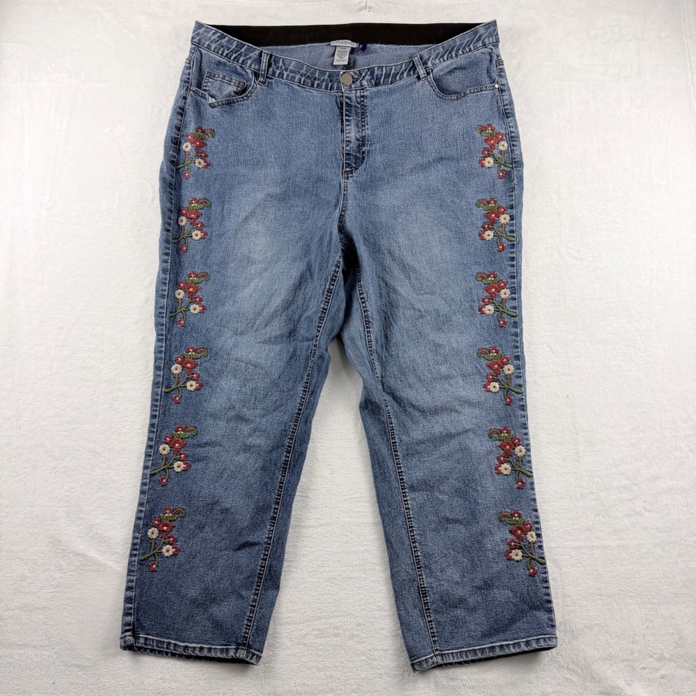Catherines Floral Embroidered Stretch Jeans Elastic Waist Plus Size 24WP